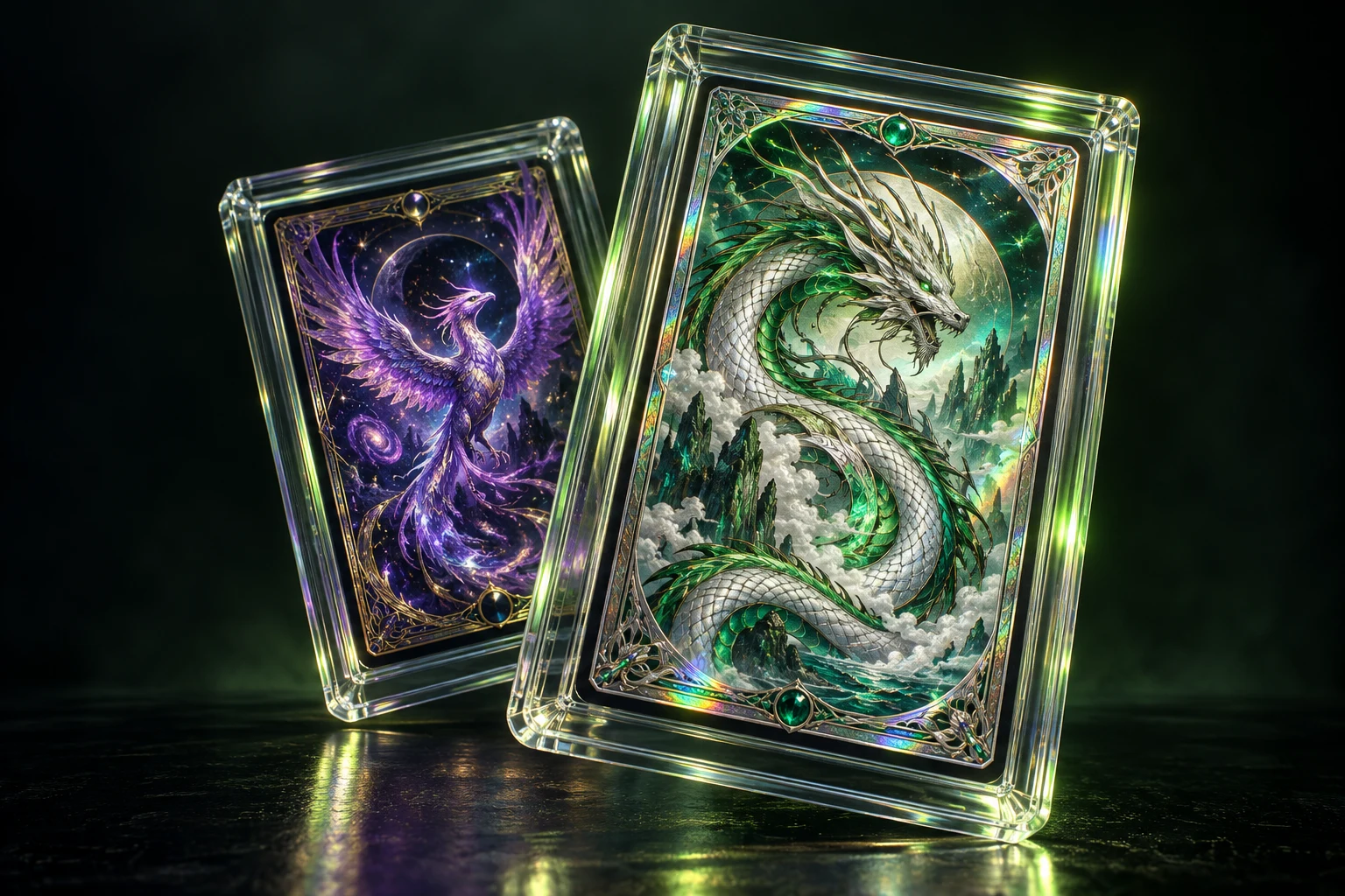 Twee originele fantasykaarten in beschermende houders, verlicht met groene en paarse folieglans